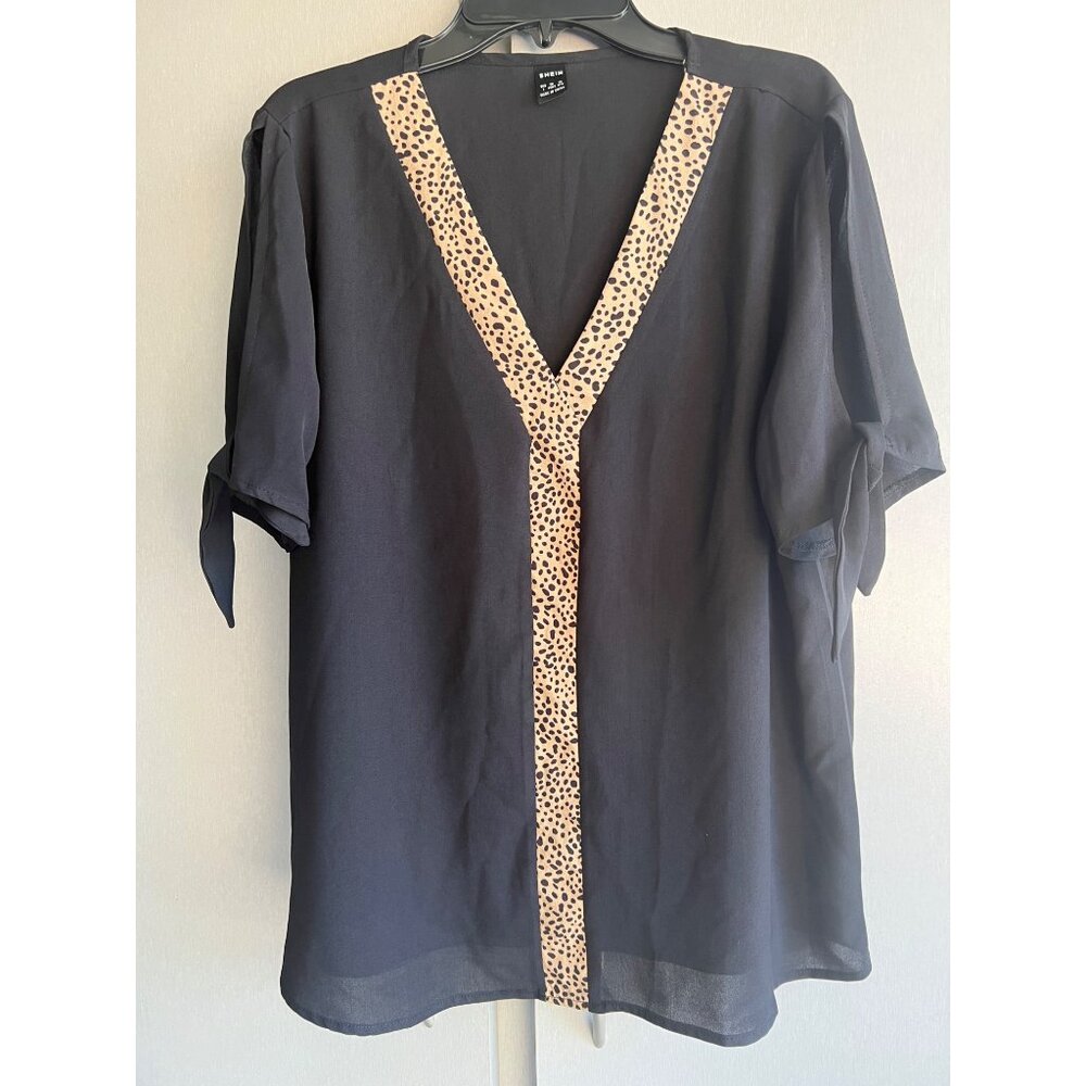 Shein Sheer Slit Tie Sleeve V Neck Leopard Print Chiffon Blouse Womens Size L